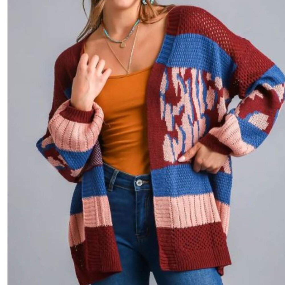 Multi color colorblock sweater cardigan wine and teal